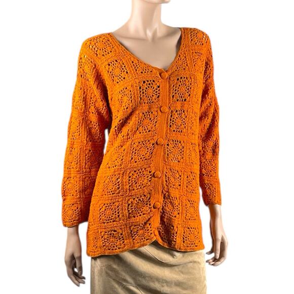 Tweeds Womens Medium Orange Linen Cotton Cardigan Open Knit Crochet Granny Core - Picture 1 of 9